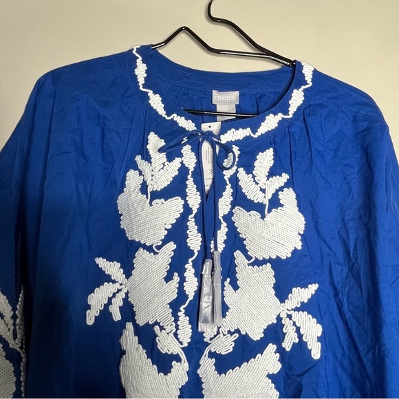 NWT Chico’s Embroidered Belladonna Blue Peasant Top 3/4 Sleeves Size 3 (XL/16) - Picture 5 of 15